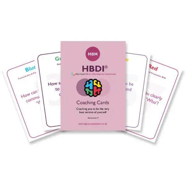 MBM HBDI Coaching card fanned out with blue, green, yellow and red quadrant cards