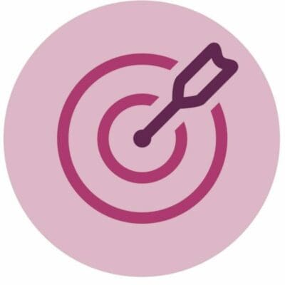 Purple icon of an arrow hitting its target represents HR planning objectives