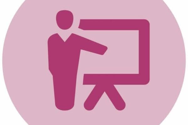 Purple icon of a person pointing at a whiteboard inside a pink circle