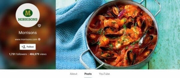 UK store Morrisons' Google + page displays follower count, page views, and a bowl of mussels