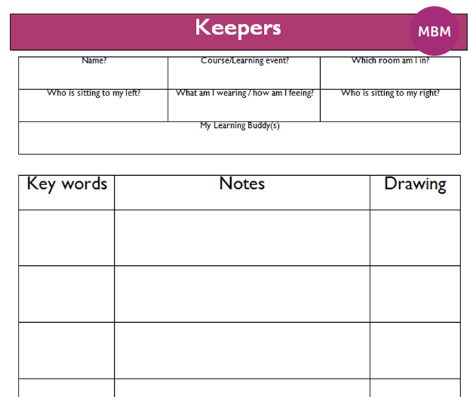 Blank Keepers template for taking effective presentation notes