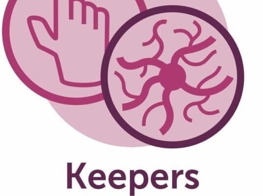 Purple keepers and mindmap icons inside inside pink circles