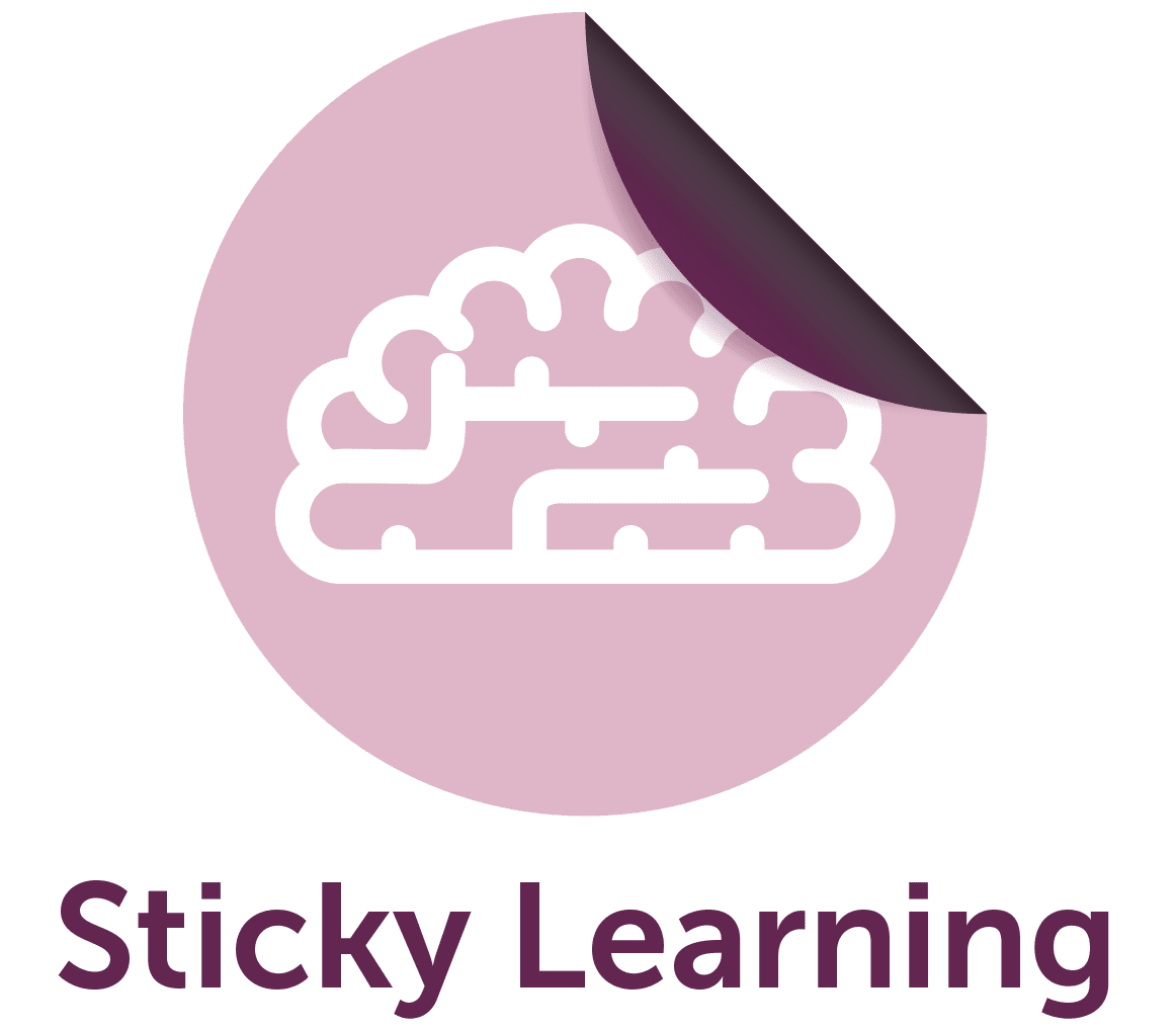 Purple sticker with an icon of a white brain and Sticky Learning underneath