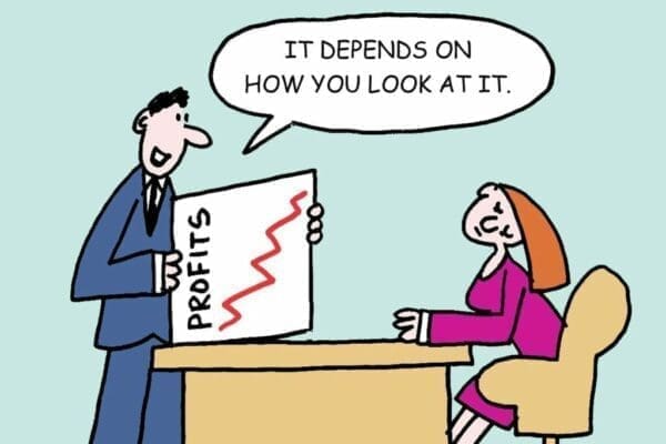 Cartoon of business man showing profits chart turned sideways saying it depends on how you look at it to female boss in a pink dress