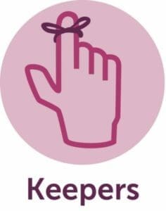Purple keepers icon of a hand with a bow on the index finger 
