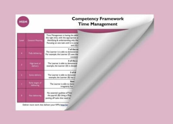 Table on folded paper with title Competency Framework Time Management