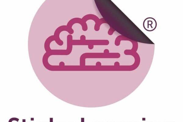 Sticky Learning logo with Icon of a purple brain on a pink sticker