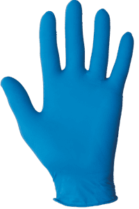 A hand with a blue disposable glove on 