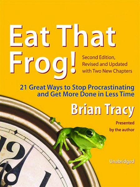Yellow book cover of Eat That Frog by Brian Tracy