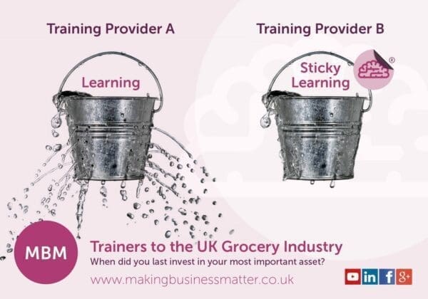 Training provider with leaking bucket next to training provier with sticky learning bucket
