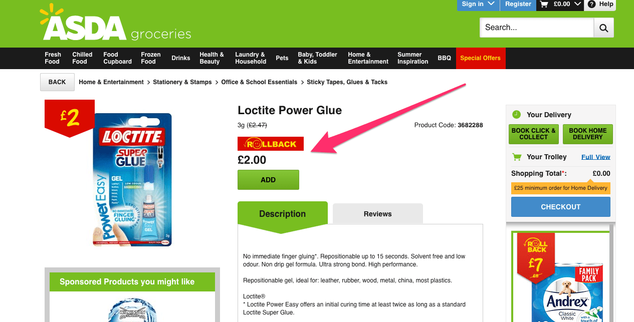 Asda groceries special offer loctite power glue product for price promotion