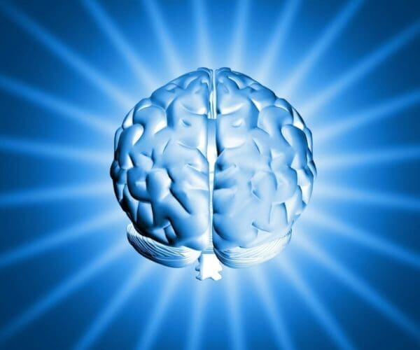 Shining blue brain represents learning