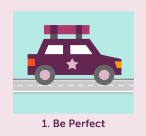 Cartoon purple car with 1. Be Perfect written beneath 
