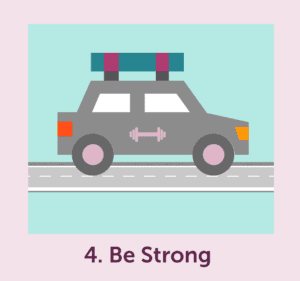 Grey cartoon car with 4. Be Strong written beneath 