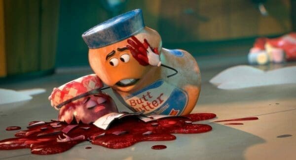 Funny animated peanut butter jar helps a smashed jam jar