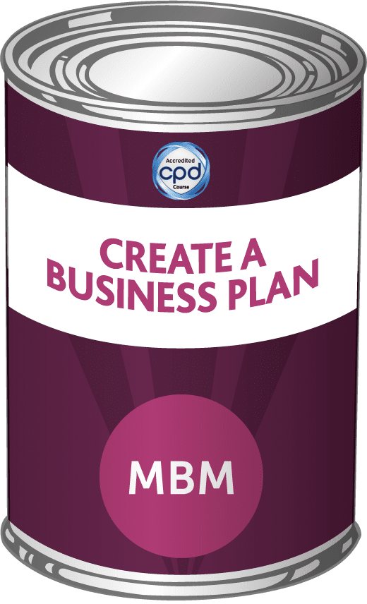 Purple tin with Create a Business Plan on label for MBM training course