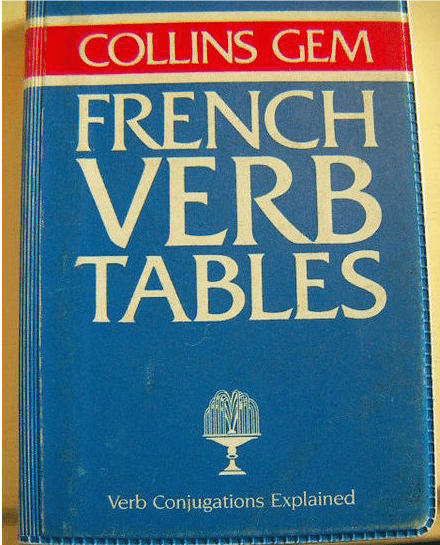 Blue and red Collins Gem French Verb Tables dictionary book cover