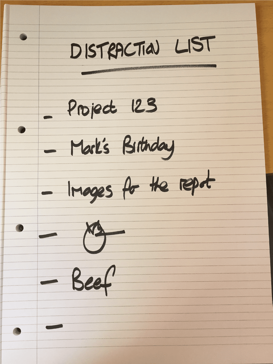 Notebook page with a list of distractions