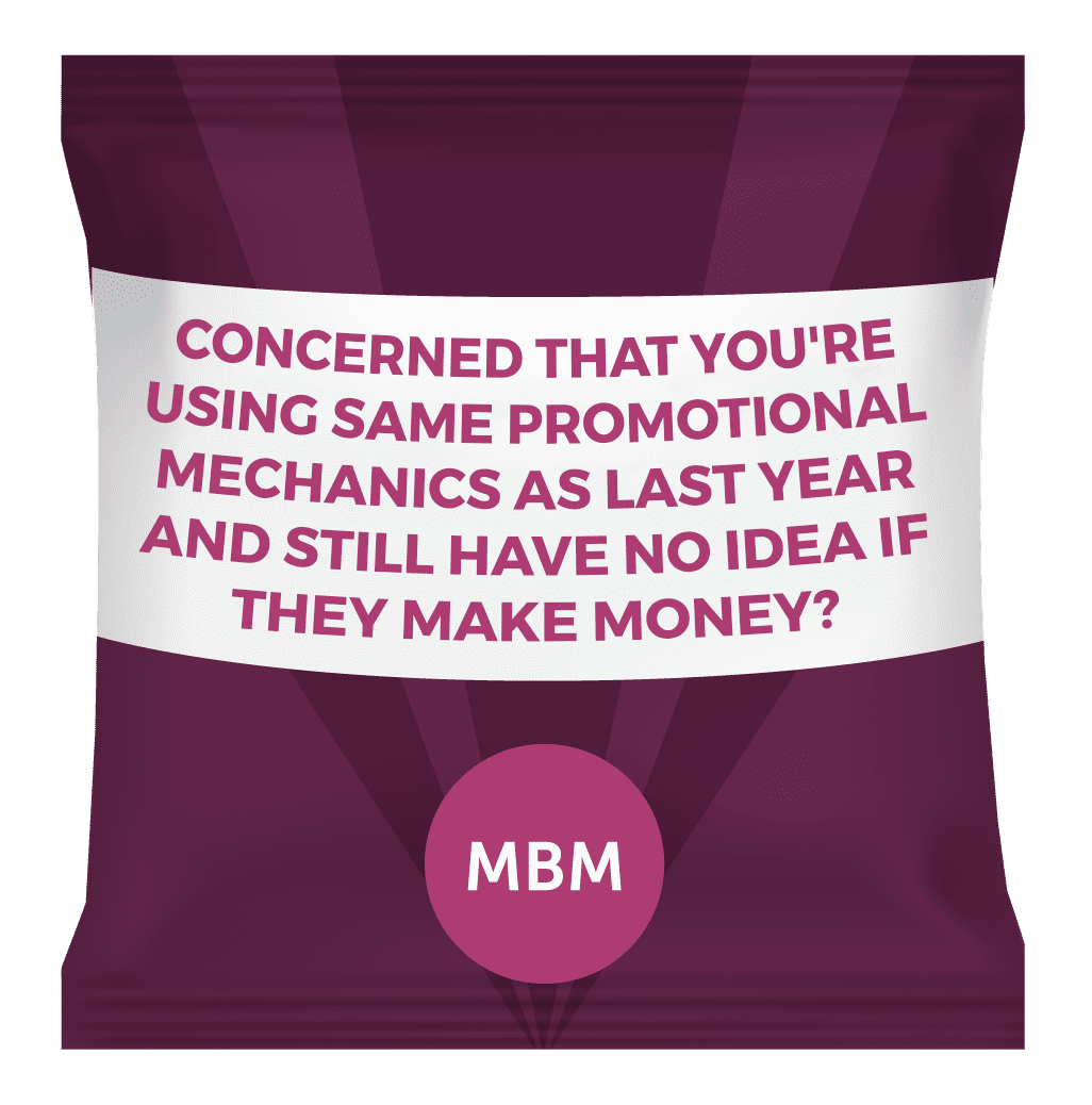 Purple crisp packet with promotional mechanics question on the label and MBM logo