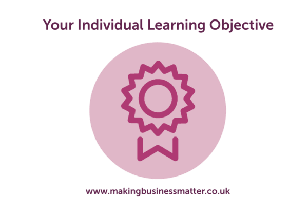 Your Individual Learning objective below pink rosette cert icon and MBM website url