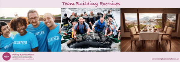 3 photos of different team building exercises
