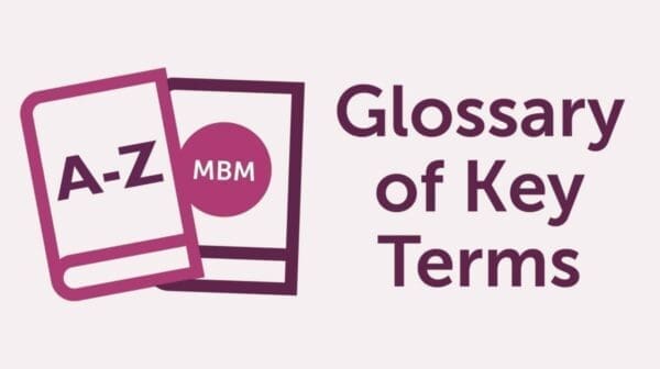 Banner with purple Dictionary icon for MBM Soft Skills Glossary of key terms