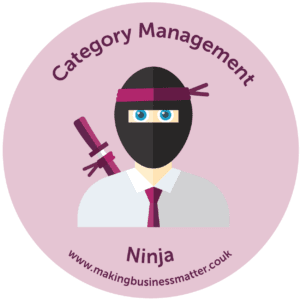 Cartoon of ninja with tie on in a pink sticker