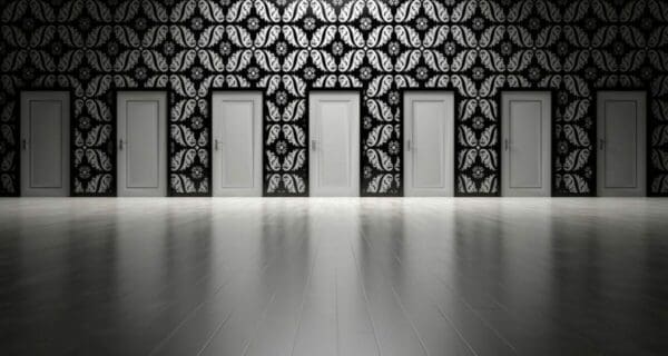 Series of white doors on a patterned wall represents paths