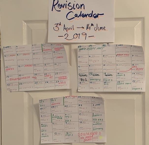 Revision calendars taped to a door