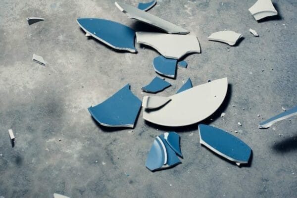 Smashed blue plate on the floor represents failure