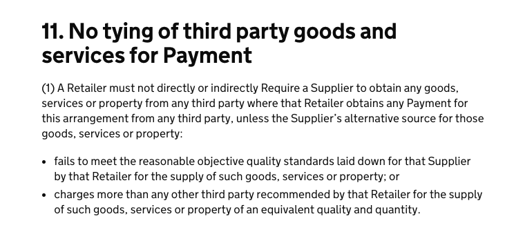 GSCOP No tying of third party goods and services for Payment