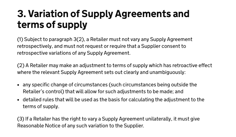 supply code of practice Variation of Supply Agreements and terms of supply