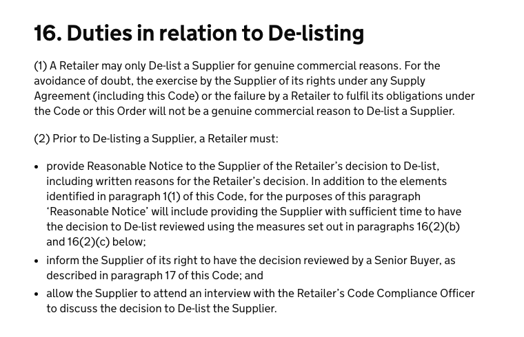 supply code of practice Duties in relation to De-listing