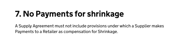 supply code of practice No payments for shrinkage
