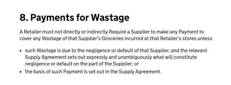 supply code of practice Payments for Wastage