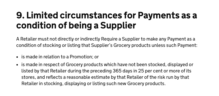 supply code of practice Limited Circumstances for Payments as a condition of being a Supplier