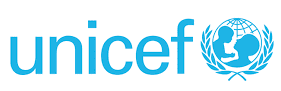 The word Unicef written in blue with logo on the right