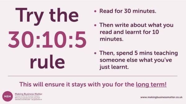 Purple infographic for the 30:10:5 reading rule by MBM