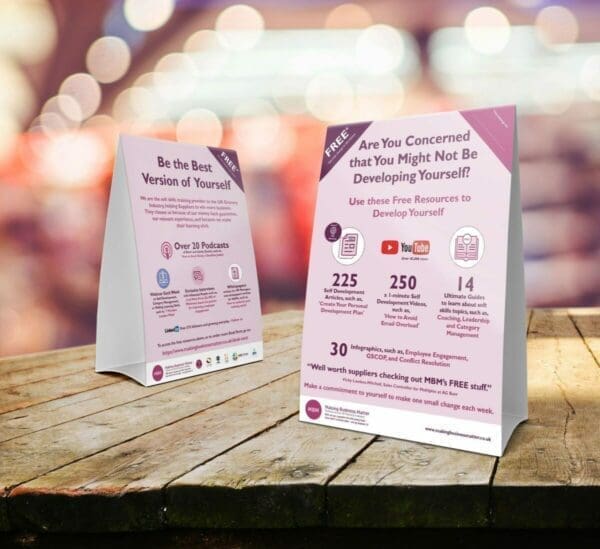 Two table tent cards advertising MBM products