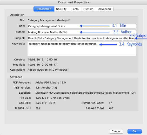 Screenshot of document properties settings for keywords SEO optimisation for PDF