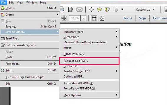 Screenshot of reduce document size in Adobe Acrobat for PDF