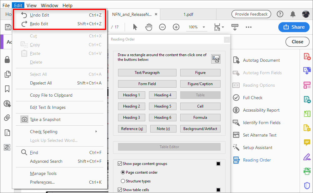 Adobe acrobat PDF file menu options undo and redo