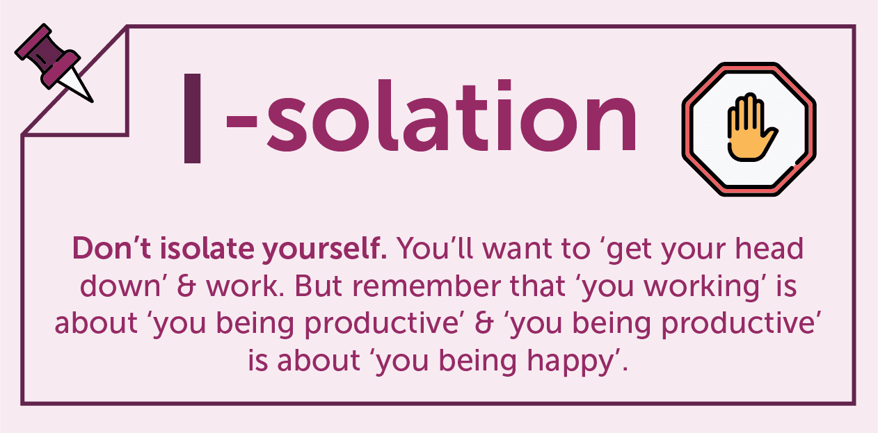 Purple infographic with isolation quote from working at home and a stop sign icon 