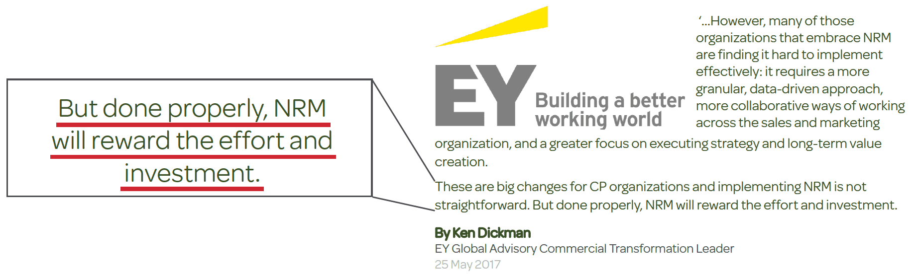 Quote from Ken Dickman of EY about NRM Net Revenue Management and reward