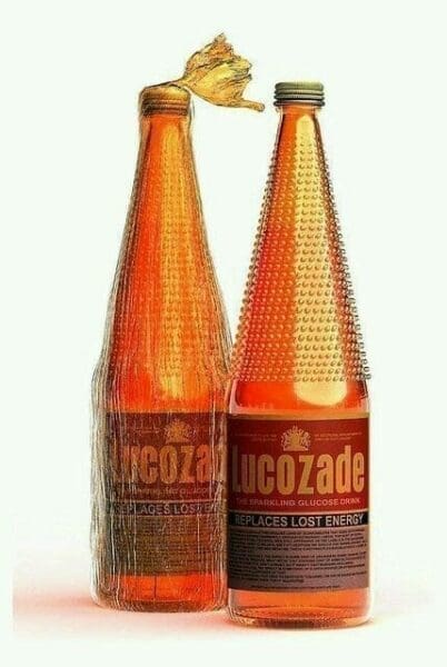 Botte of Lucozade is separated by a plastic bag from another bottle