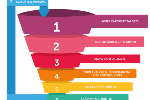 A seven-part funnel explaining the category management process