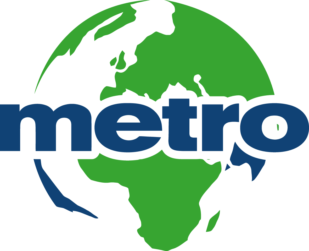Word metro written in blue with Earth background