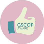 Cartoon thumbs up with GSCOP AWARE written in it