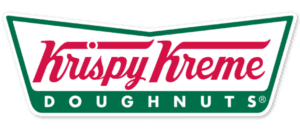 Word Krispy Kreme written in red on white and green background