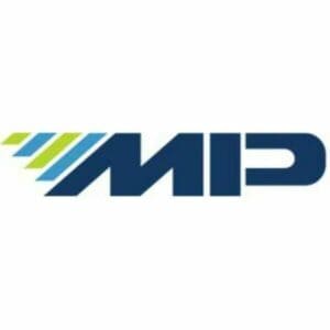 blue MP logo with green and blue striped on white background